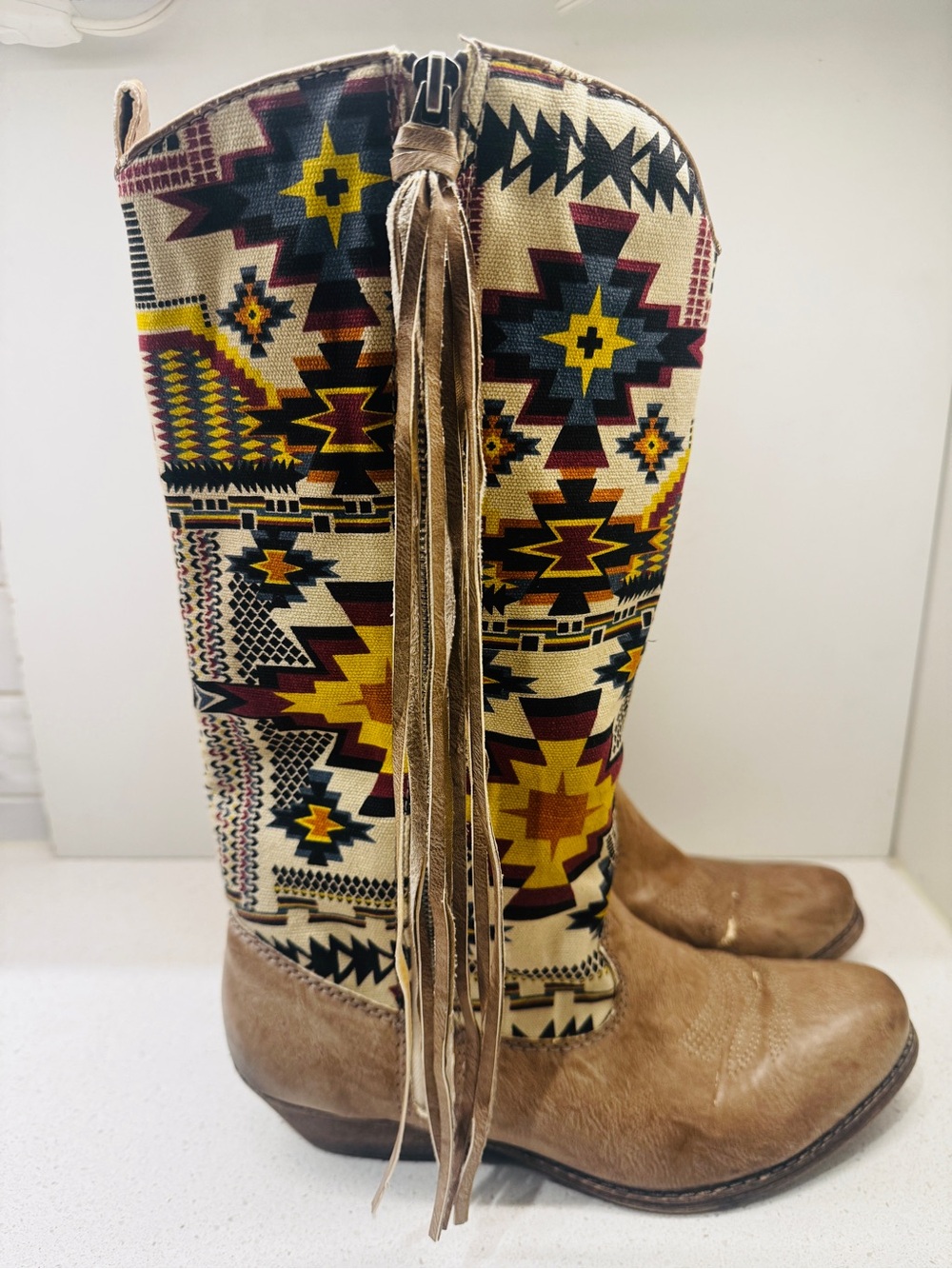 Lulus Big Buddha Wayne Natural Multi Southwest Cowboy Boots Western Rodeo Sz 9.5